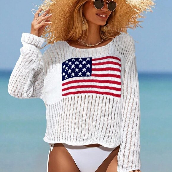 White Casual Women's Independence Day flag Lightweight knit Sweater - Picture 5 of 6